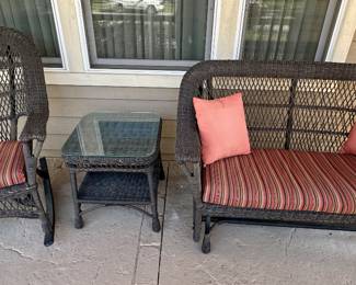 WWicker 3 Pc Set on Front Porch with Cushions.  View or Rocker without Cushions.  Checkout the Workmanship