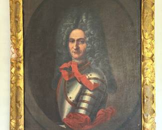 Italian 18th c. “Portrait of Knight in Armor,” oil on canvas, presented in period giltwood frame