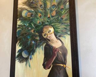 #20 -$500- Oil on Canvas Peacock Mask. Signed Pope 40"Hx28"W