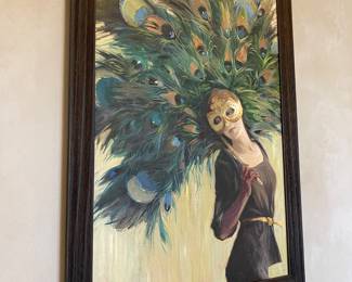 #20 -$500- Oil on Canvas Peacock Mask. Signed Pope 40"Hx28"W
