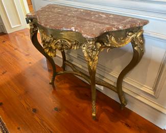 #19 - $800 - Italian Roccoco Console Gilded Wood Marble Top. 40"Wx16"Dx34"H