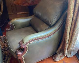 #8 - $600 -Hancock & More Leather Olive Green Chair & Ottoman 32"Wx42"Dx38"H.  Otttoman 26"Wx20"Dx17"D