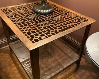 #80 - $250 - Iron Architectural Element Table. 26"Dx22"Wx21"H - glass bottom shelve 