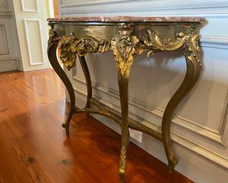 #19 - $800 - Italian Roccoco Console Gilded Wood Marble Top. 40"Wx16"Dx34"H