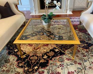#18 - $395 - Gilded Wood & Medal Coffee Table Bvld Glass 42"sqx19"H