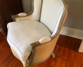 #39 - $400 - Linen Cream / Burlap back& Wood Chair 29"Wx28"Dx34"H