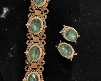 1960's bracelet & earrings set green signed Florenza $170 