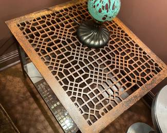 #80 - $250 - Iron Architectural Element Table. 26"Dx22"Wx21"H - glass bottom shelve 