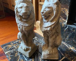 #2 - $80 - Pair of concrete lions. 15"H   base 4"Sq