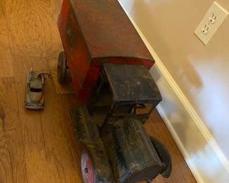 $150.00 antique toy, metal moving truck 27w 8d (est to be 90 years old)