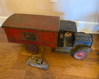 $150.00 antique toy, metal moving truck 27w 8d (est to be 90 years old)