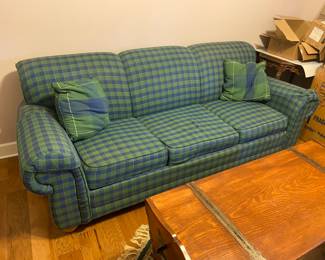 $175.00 Bassett sofa bed green and blue plaid 90 x 35 X 34
