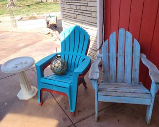 Chairs and a plastic bird bath