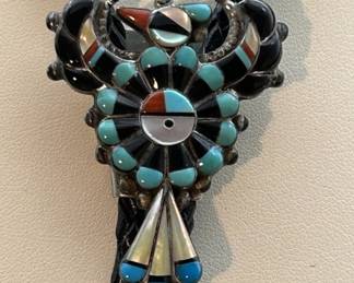 Sterling Silver & Leather American Indian Bolo Tie