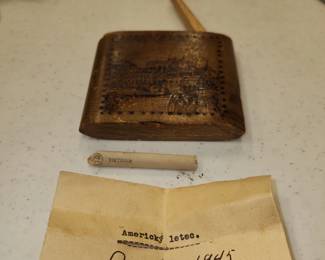 WWII 1940's Wooden Cigarette Case with Viktoria Cigarettes still in it from Czechoslovakia as well as paper with date from American Aviator