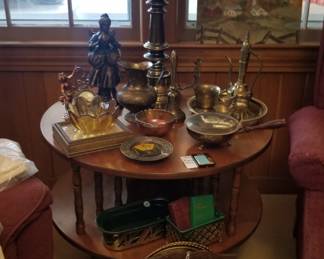 Vintage Maple table and large assortment of brass decor.