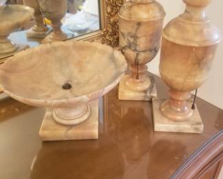 Handsome MCM 3 piece Alabaster set consisting of pair of lamps and center bowl