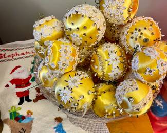 Vintage Hand Decorated Satin Christmas Ball Ornmanets