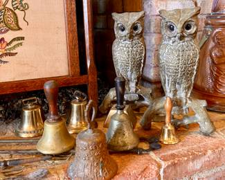 Vintage Brass Owl Andirons, Antique Mexico Mission Bell Marked 1814…most of these bells were handcrafted from bronze in the 1950’s and were made to be one of a kind as molds are said to be destroyed. 
