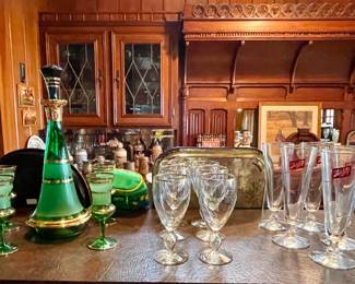 Mid Century Green and Gold Decanter with Glasses, Vintage Irish Coffee Glasses, Vintage Schlitz Beer Pub Glasses