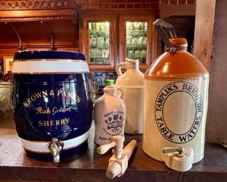 Brown & Pank’s Ceramic Sherry Barrel, Tamplin’s Brighton Table Water Crock Dispenser, Vintage Wood Barrel Tap, Old Crock Jug