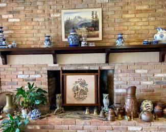 Crewel Embroidery Fireplace Screen, Vintage Brass Owl Andirons