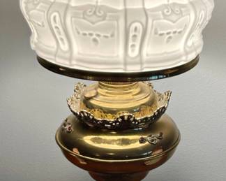 Antique Ornate Brass Electrified Oil Lamp with Glass Shade