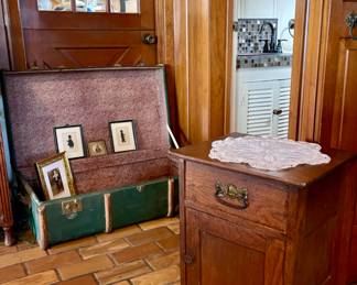 Antique Steamer Trunk, Antique Oak Night Stand
