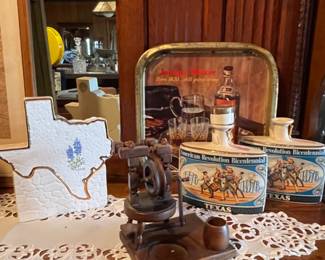 Vintage Johnny Walker Metal Tray, Texas Bicentennial Decanters, Ceramic Texas Vase