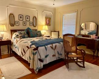 Antique Cane Rocker, Queen Size Antique Headboard, Sealy Posturepedic Queen Mattress 