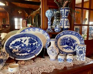 Blue Willow Serving Platter, Blue & White Serving Platter & Decor, Flow Blue Ivanhoe Platter, Blue & White Vase Italy, Flow Blue Spice Containers Germany