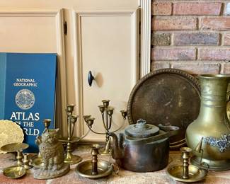 Vintage Brass Candlesticks, Heavy Bronze Cat Statue/Door Stop