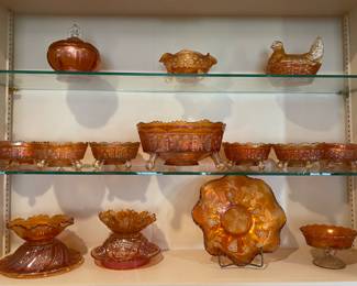 Vintage Orange/Marigold Carnival Glass Bowl Ruffled Edge Fruit Bowl With Grape Motif, Carnival Glass Marigold/Orange Opalescent Butterfly & Berry Bowl With Berry Bowls Set, Carnival Glass My Lady Marigold Powder Bowl, Marigold/Orange Hen On Nest