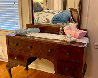 Antique Queen Anne Style Vanity, MCM California Originals Pottery, Limoges Trinket Boxes  