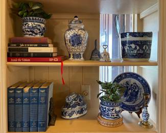 Antique Wedgwood Ivanhoe & Rowena Flow Blue Plate, Sonoma Blue & White Ginger Jar, Vintage Victoria Ware Flow Blue Ironstone Cow & Rooster Wall Hanging
