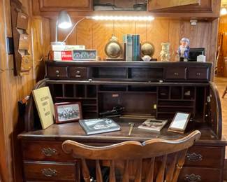 Vintage Roll Top Desk & Early American Style Solid Wood Chair, Vintage Occupied Japan Toby Mug Man With Pipe and Dog