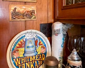 Vintage Signed Western Wood Carvings, Vintage Whitbread Tankard Metal Beer Tray, Beer Stein Collection-Copper, Brass