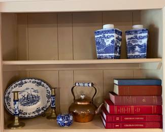 Ringtons Blue & White Porcelain Tea Caddies-no lids, Czechs In Uniform Volumes I & II, Czech Pioneers of the Southwest, Pisnicky Cesko Czech Folk Song Collection, Johnson Brothers Stoke-on-Trent England Holland Ironstone Platter, Brass Candleholders With Blue & White Accents