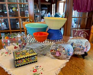 Made In Romania Handpainted Fruit Motif Bowl, Vintage Made In England Floral Tin, California Bauer Pottery Ring Ware Mixing Bowls #36 Orange, #24 Blue, # 12 Turquoise, & #18 Yellow