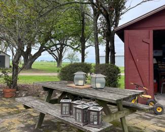 Wood Picnic Table, Solar Lights