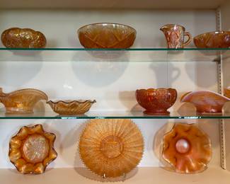 Dugan Peach Opal Marigold Holly Berry Nappy Handled Dish, Fenton Carnival Glass Metallic Orange Bowl