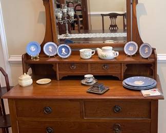 Antique Dresser With Mirror, Wedgwood Collector Plates