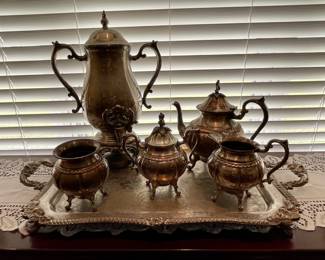 F. B. Rogers Silverplate Coffee Pot, Silver over Copper Tea Set 