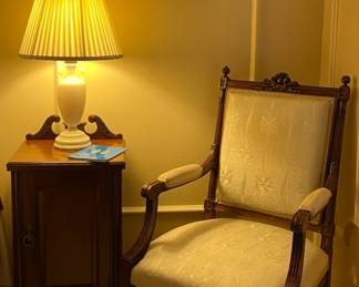 Antique Accent Chair, Antique 1940’s Aladdin Alacite Lamp (Have a pair)