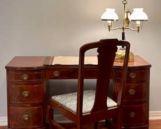 Antique Desk, Solid Wood Chair, Antique Brass Lamp with Glass Shades