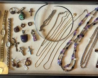 Unmarked Silver Green Cased Perfume Scented oil Bottle suspended from Bar Brooch, James Avery Sterling Silver Chains, Watches By Armitrom, Elgin, Carriage, & Omega Seamaster Chronometer Women’s Watch, Sterling Silver Jewelry