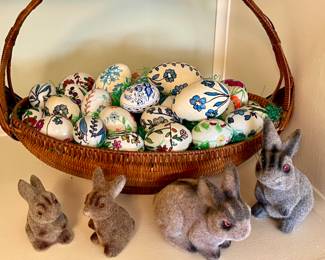 Vintage Handpainted Easter Eggs, Vintage Flocked Bunnies