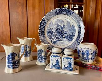 Flow Blue Allandale Pottery England Pitchers, Delft Vase & Delft Salt/Pepper Set, Blue Willow Plate