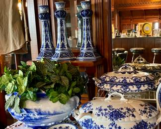 Antique Blue & White Jardiniere Belgium, Flow Blue Soup Tureen Marked Doris, Flow Blue England Soup Tureen w/Platter, Blue & White Candlesticks, Vintage Blue & White Butterfly Trinket Boxes
