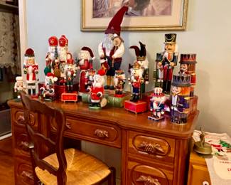 Nutcracker Collection, Davis Cabinet Co. Walnut Victorian Kneehole Vanity With Mirror, “In His Hands” singed and numbered print by Kathryn Fincher #143/750